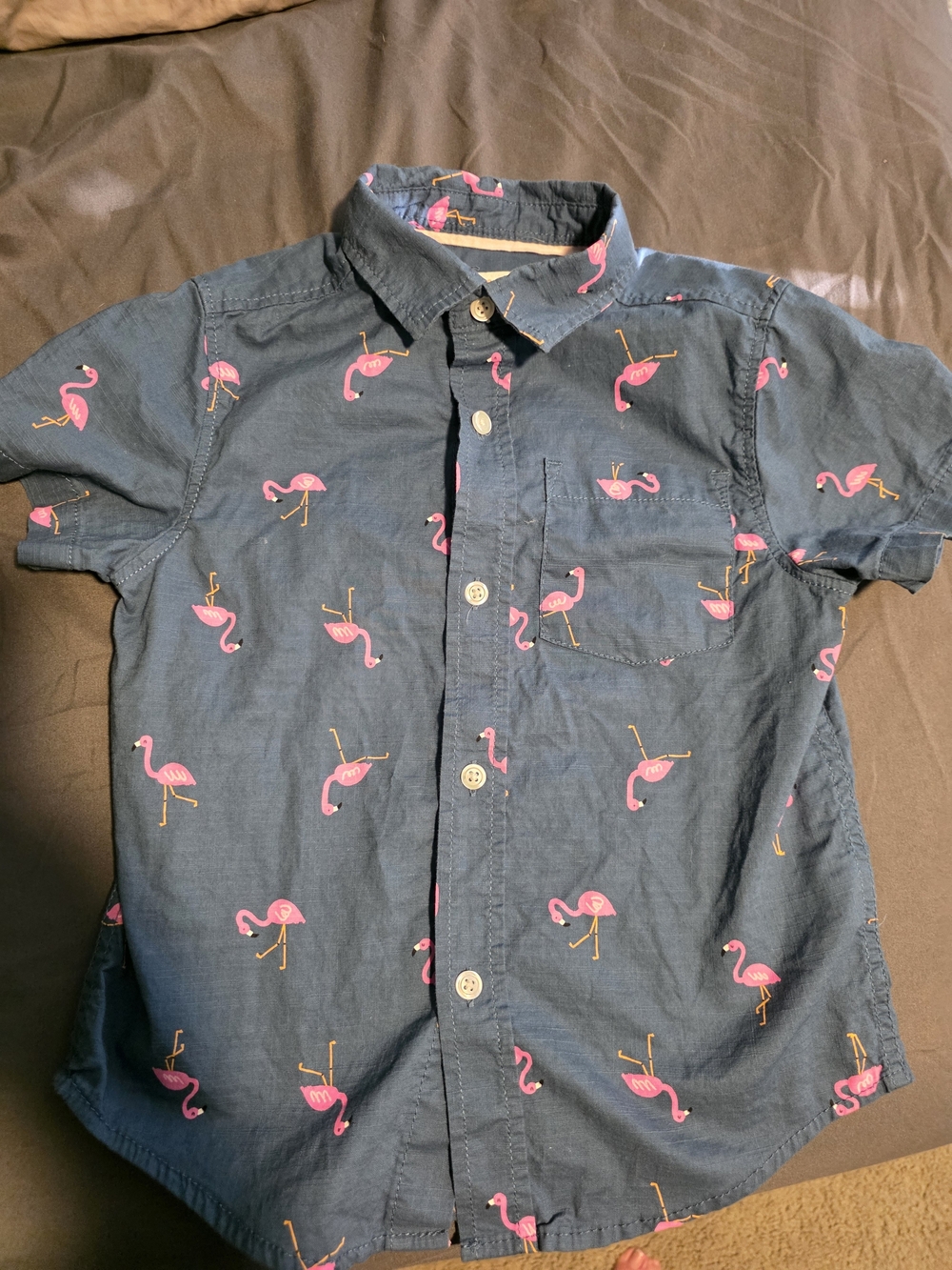 Cat & Jack Navy Button-Front Shirt with Pink Flamingo Print